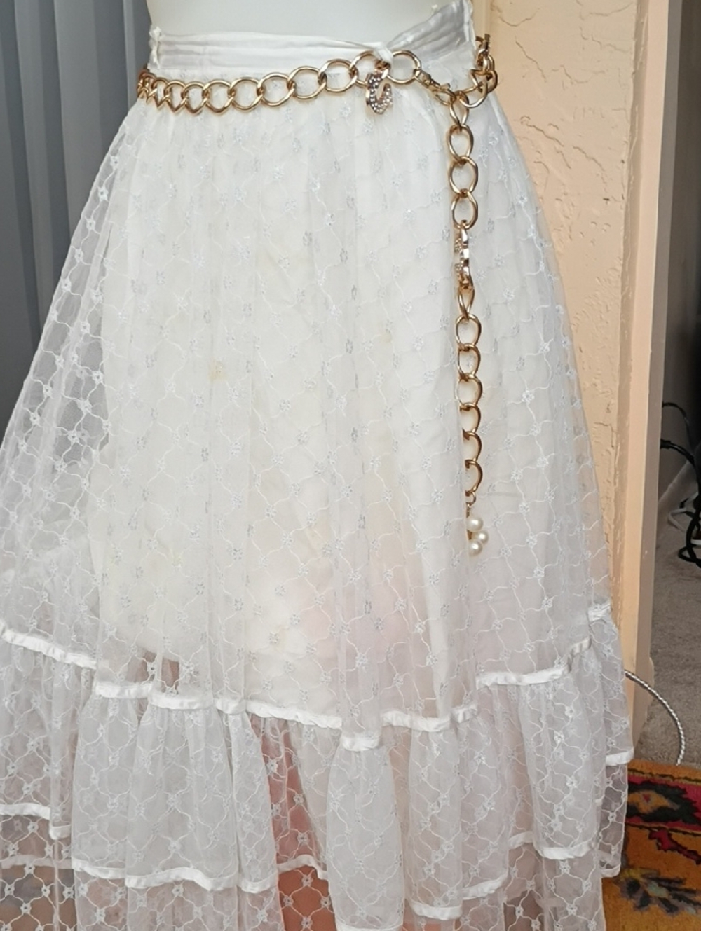 White Tiered Lace Midi Skirt with Gold Chain Detail